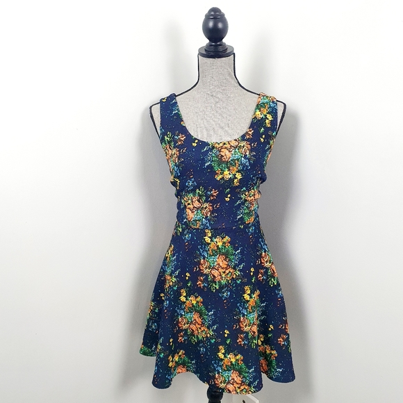Temt Size L Navy Blue Floral Fit And Flare Women's Sleeveless Dress Summer Sun - Picture 2 of 11